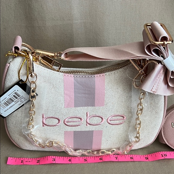 Bebe Pink Stripe Logo Crossbody Bag Set NWT Chain Strap Coin Pouch - Picture 2 of 7